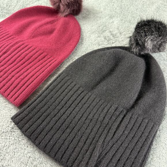 Henri Bendel Hat Beanie Womens One Size Burgundy Black Pom Pom Cashmere Gemstone - Picture 8 of 9